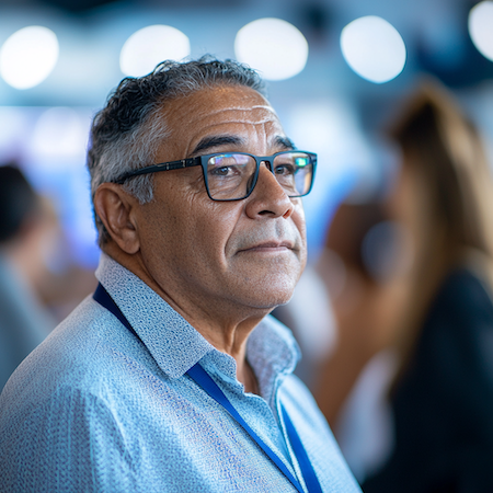 Hombre con experiencia profesional mirando al frente en un evento de networking