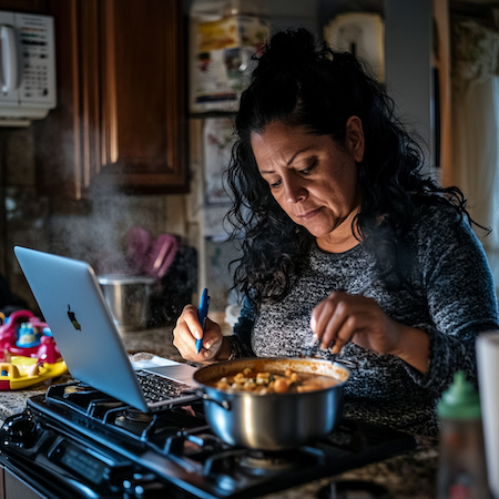 Mujer emprendedora desarrollando su idea de negocio desde casa mientras cocina