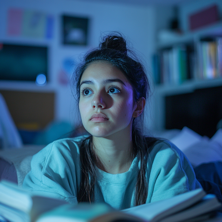 Estudiante joven reflexionando sobre ideas de negocio, en su habitación